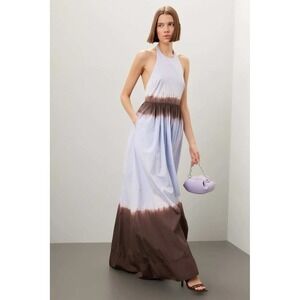 A.L.C. Maxi Halter Dress Tie Dye Blue Brown Cotton Gathered Waist Size 0